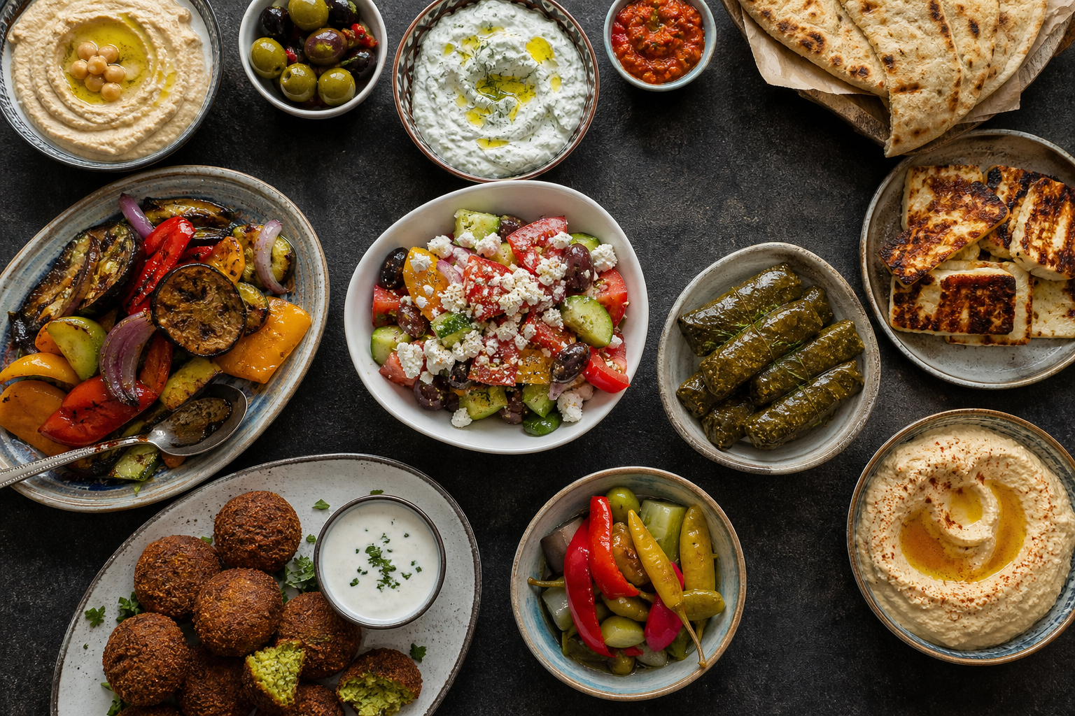 A colourful Mediterranean mezze spread